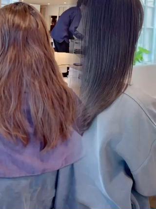 赤みを抑えたグレージュカラー
ブリーチ無しで作る透明感
毛先のばらつきを整えてシルエットが綺麗になるカット
ツヤ感アップ！色持ちアップ！サラサラクイックトリートメント 