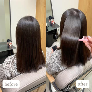 9ヶ月ぶりの縮毛矯正のお客様
前回施術したところは綺麗に残っているので、
今回はリタッチさせていただきました 