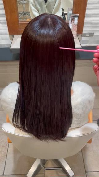 ストレートパーマ春らしいピンクブラウンのカラー
風に吹かれてもまとまりやすく艶髪キープできます

 