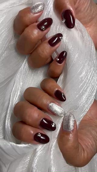 【秋ネイル】ブラウン+ストーン 