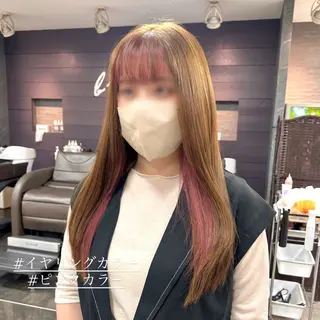 ロング カラー ヘアアレンジ インナー×縮毛矯正 ピンクカラー澤井里菜のヘアスタイル