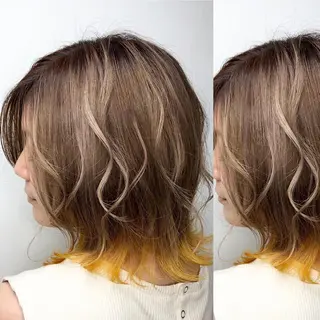 セミロング カラー JuNブリーチに 縮毛矯正するプロのヘアスタイル