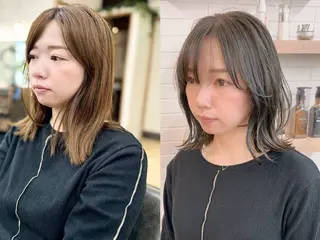 ミディアム カラー パーマ ヘアアレンジ メンズ キッズ レイヤーカット 🌿透け感カラーのヘアスタイル