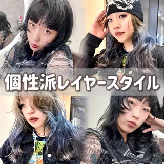 セミロング カラー ヘアアレンジ 青髪特化🩵ブリーチ ハッシュカットのヘアスタイル