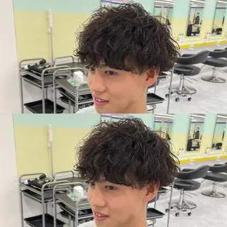 ミディアム パーマ ヘアアレンジ メンズ 艶カラー の達人のヘアスタイル