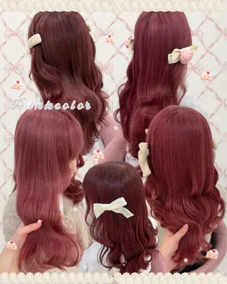 ロング カラー ヘアアレンジ 艶暗髪 ピンクカラー 似合わせカット 栄のヘアスタイル