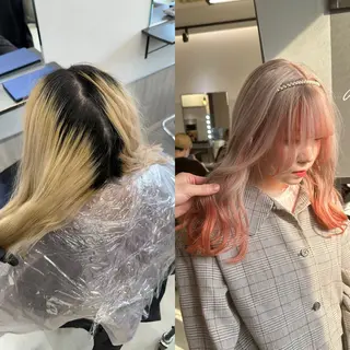 セミロング カラー ケアブリーチ/エフェ クトブリーチ/天神のヘアスタイル