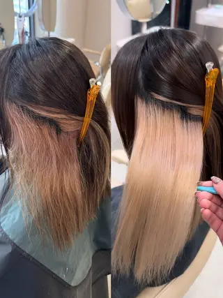 ロング カラー パーマ ハイトーン縮毛/暖色 なーな🎀🤍のヘアスタイル