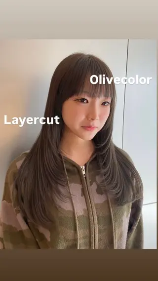 ロング カラー ヘアアレンジ 顔周り小顔レイヤー ×ブリーチなしカラーのヘアスタイル