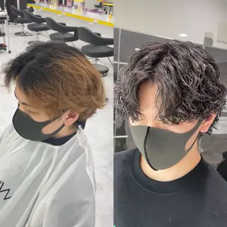 ショート パーマ ヘアアレンジ メンズ 艶カラー の達人のヘアスタイル
