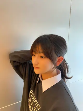 ミディアム カラー パーマ ヘアアレンジ ブリーチなしカラー/ 顔周りレイヤーのヘアスタイル