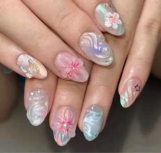 ネイル リボン、ガーリー パーツ放題専門店のネイルデザイン