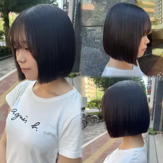 ショート たぴ。ぱつっとボブ /暖色艶カラー🍒のヘアスタイル