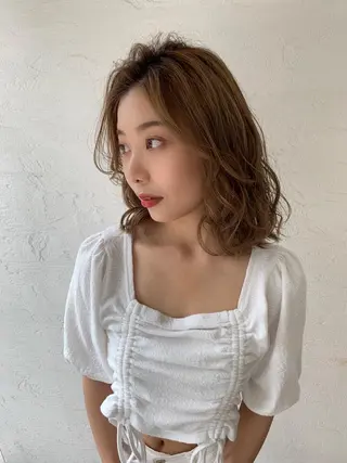 ミディアム カラー パーマ ⭐️コテ巻き風パーマ 髪質改善/タナカのヘアスタイル