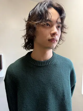 ミディアム パーマ メンズ 森貴裕/ベージュ/ パーマ/オリーブのヘアスタイル