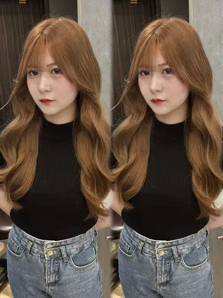 ロング 韓国ヘア/ブリーチ無 しWカラー/オリーブのヘアスタイル