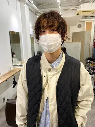 ミディアム パーマ メンズ 森貴裕/ベージュ/ パーマ/オリーブのヘアスタイル