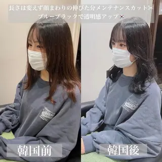 ミディアム カラー パーマ コテ巻き風パーマ 韓国風パーマ 無重力のヘアスタイル