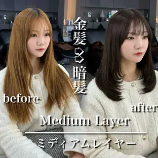 セミロング カラー ハッシュカット|透明 感カラー🩵レイヤーのヘアスタイル