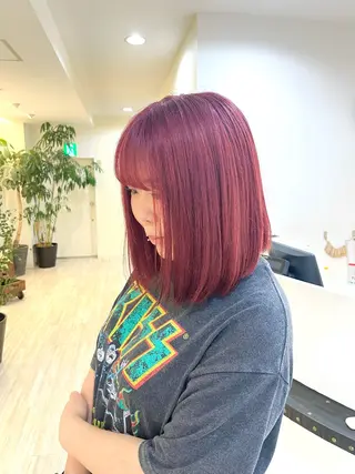 ミディアム カラー つぼみ/パーマ ／レイヤー／ボブのヘアスタイル