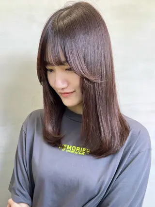 ミディアム カラー 前髪/顔まわりカット 艶髪/髪質改善/縮毛のヘアスタイル