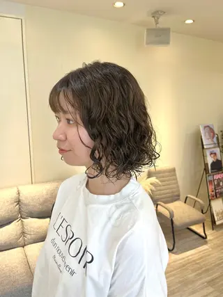 ミディアム パーマ つぼみ/パーマ ／レイヤー／ボブのヘアスタイル