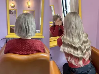 ロング ヘアアレンジ カラー チビ編み込みエクステ シールエクステのヘアスタイル