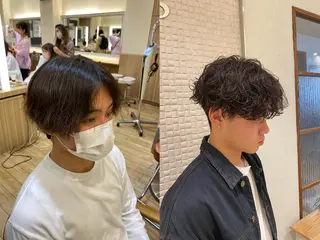 ミディアム パーマ ヘアアレンジ メンズ キッズ アイブロウ 新宿メンズパーマ ヨモギダのヘアスタイル
