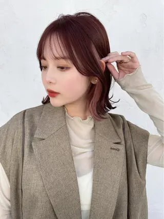 ミディアム カラー パーマ 結べるレイヤーボブ くびれLady表参道のヘアスタイル