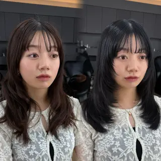 セミロング カラー ハッシュカット|透明 感カラー🩵レイヤーのヘアスタイル