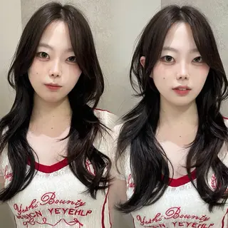 セミロング ハッシュカット🖤 レイヤー/透けカラーのヘアスタイル