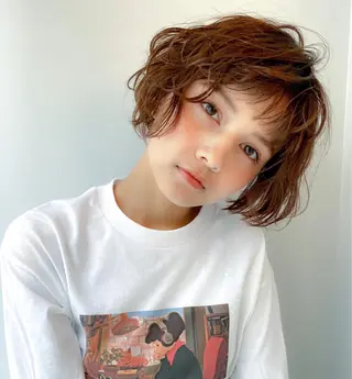 ミディアム カラー パーマ ショートボブ💗 ヤマネシオリのヘアスタイル