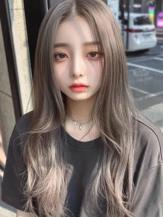 セミロング カラー 韓国ヘア/ブリーチ無 しWカラー/オリーブのヘアスタイル