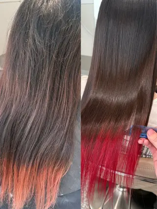 セミロング カラー インナーカラー 推し ブリーチ 髪質改善のヘアスタイル