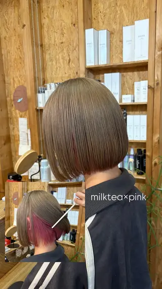 カラー まろみ暖色×ボブ ×chia🕯のヘアスタイル