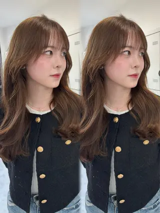 ロング 韓国ヘア/ブリーチ無 しWカラー/オリーブのヘアスタイル