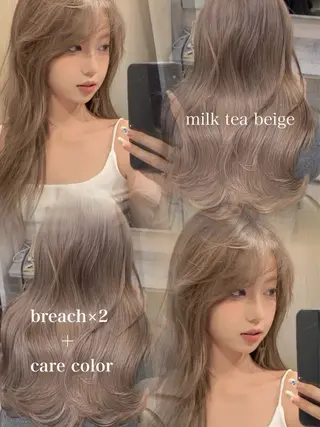 ロング 韓国ヘア/ブリーチ無 しWカラー/オリーブのヘアスタイル