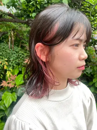 ミディアム ブリーチなしで透け感 暖色カラーボブaoiのヘアスタイル
