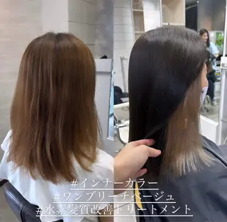ミディアム カラー ヘアアレンジ インナー×縮毛矯正 ピンクカラー澤井里菜のヘアスタイル