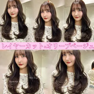 ロング カラー 韓国🇰🇷レイヤー カットオリーブカラーのヘアスタイル