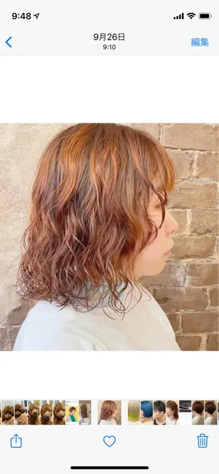 ミディアム パーマ ブリーチ、パーマ 西部笑のヘアスタイル