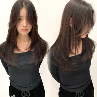 ロング ワンカールで可愛い レイヤーカット/宮田のヘアスタイル