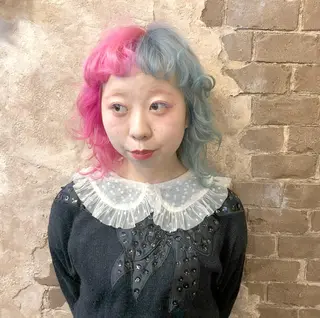 ミディアム カラー ブリーチ、パーマ 西部笑のヘアスタイル