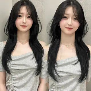 ロング ハッシュカット🖤 レイヤー/透けカラーのヘアスタイル