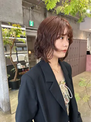 ミディアム パーマ 暖色カラー/オリーブ /ミニボブ/白柳美空のヘアスタイル