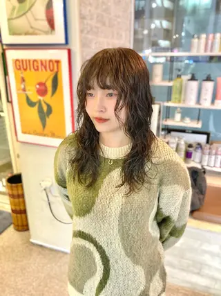 セミロング カラー パーマ ウルフレイヤー エクステ/kokiのヘアスタイル