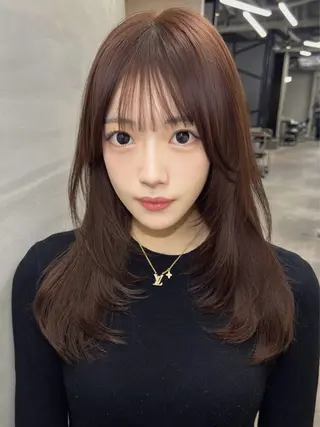 ミディアム カラー 前髪/顔まわりカット 艶髪/髪質改善/縮毛のヘアスタイル