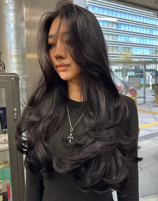 ロング カラー ハイライト、レイヤー カット/西梅田/中西のヘアスタイル