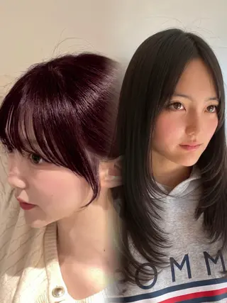 ロング カラー ヘアアレンジ 顔周り小顔レイヤー ×ブリーチなしカラーのヘアスタイル
