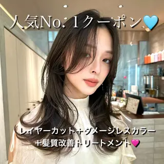 セミロング カラー 髪質改善|透明 感カラー🩵レイヤーのヘアスタイル